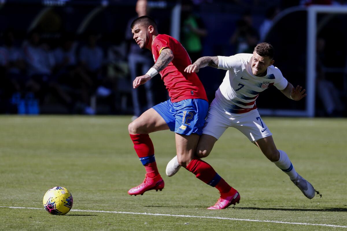 Costa Rica's Ulises Segura, left, and the United States' Paul Arriola vie for the ball during the Americans' 1-0 exhibition victory Feb. 1, 2020, in Carson.