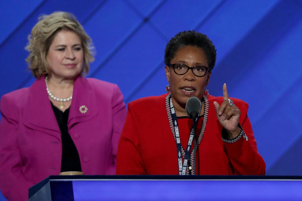 U.S. Rep Marcia Fudge (D-Ohio) speaks on the first day of the Democratic National Convention at the Wells Fargo Center in Philadelphia.