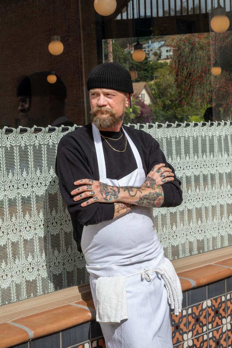 Chef-owner Brian Dunsmoor outside Dunsmoor restaurant on Eagle Rock Blvd., on May 4 2023, Los Angeles