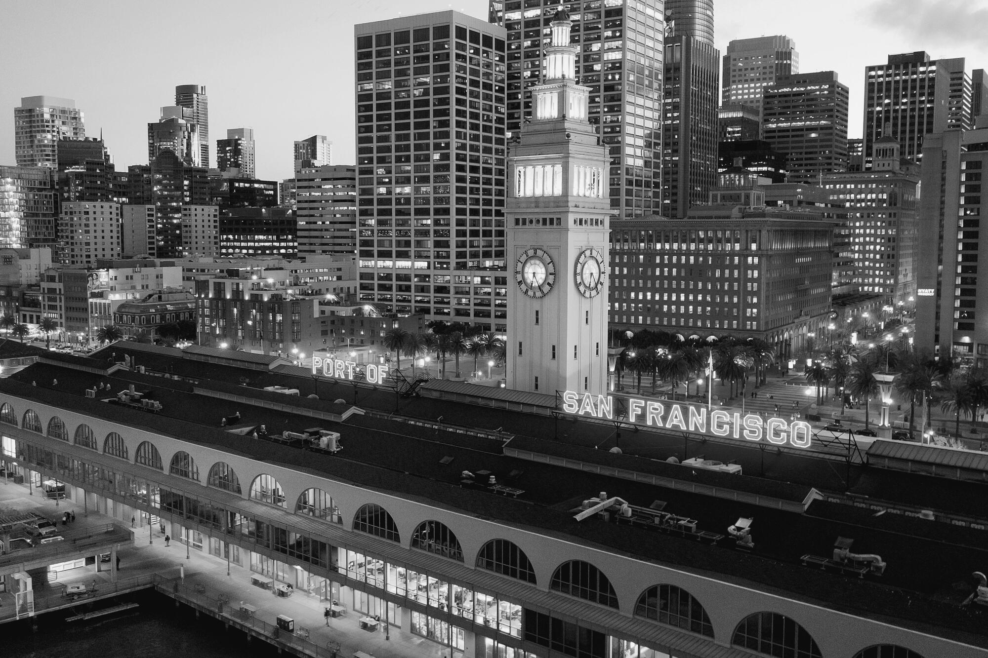 San Francisco's Ferry Building in a black-and-white photo