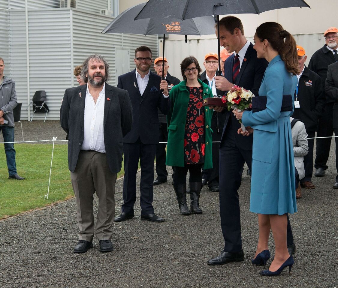 Filmmaker Peter Jackson, left, is among those bidding farewell to Prince William his Catherine at the end of their visit to the Omaka Aviation Heritage Center in Blenheim, New Zealand.