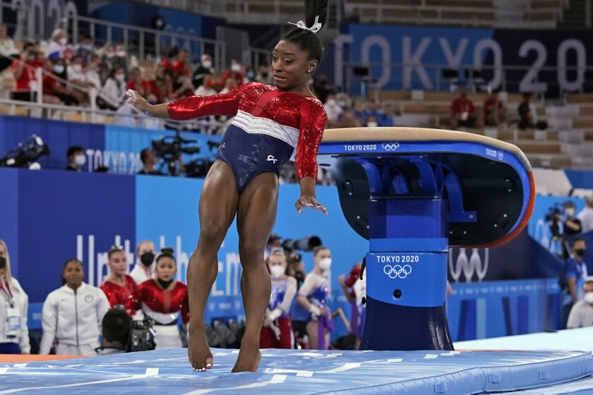 U.S. gymnast Simone Biles lands from the vault during the artistic gymnastics women's final.
