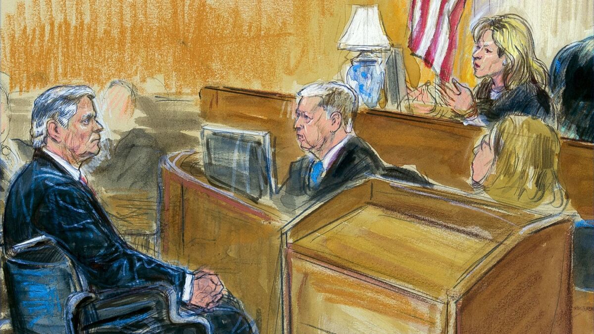 This courtroom sketch shows Paul Manafort listening to U.S. District Judge Amy Berman Jackson during his second sentencing hearing in Washington on Wednesday.