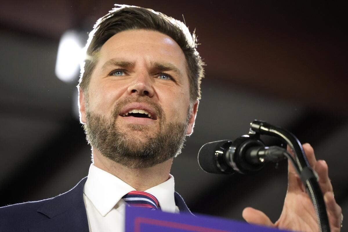 Republican vice presidential nominee Sen. JD Vance (R-Ohio) speaks at a campaign event in Erie, Pa.