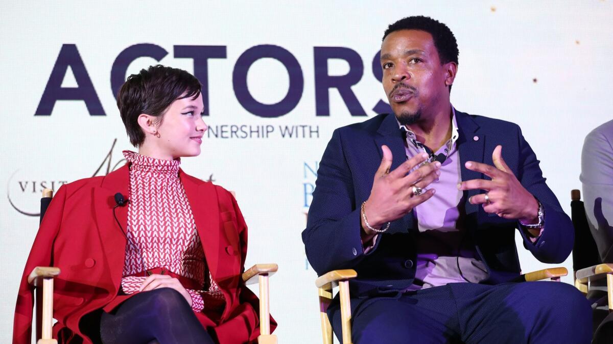 Russell Hornsby, right, and Cailee Spaeny speak onstage at the Newport Beach Film Festival Fall Honors and Variety’s 10 Actors to Watch at the Resort at Pelican Hill in Newport Beach.