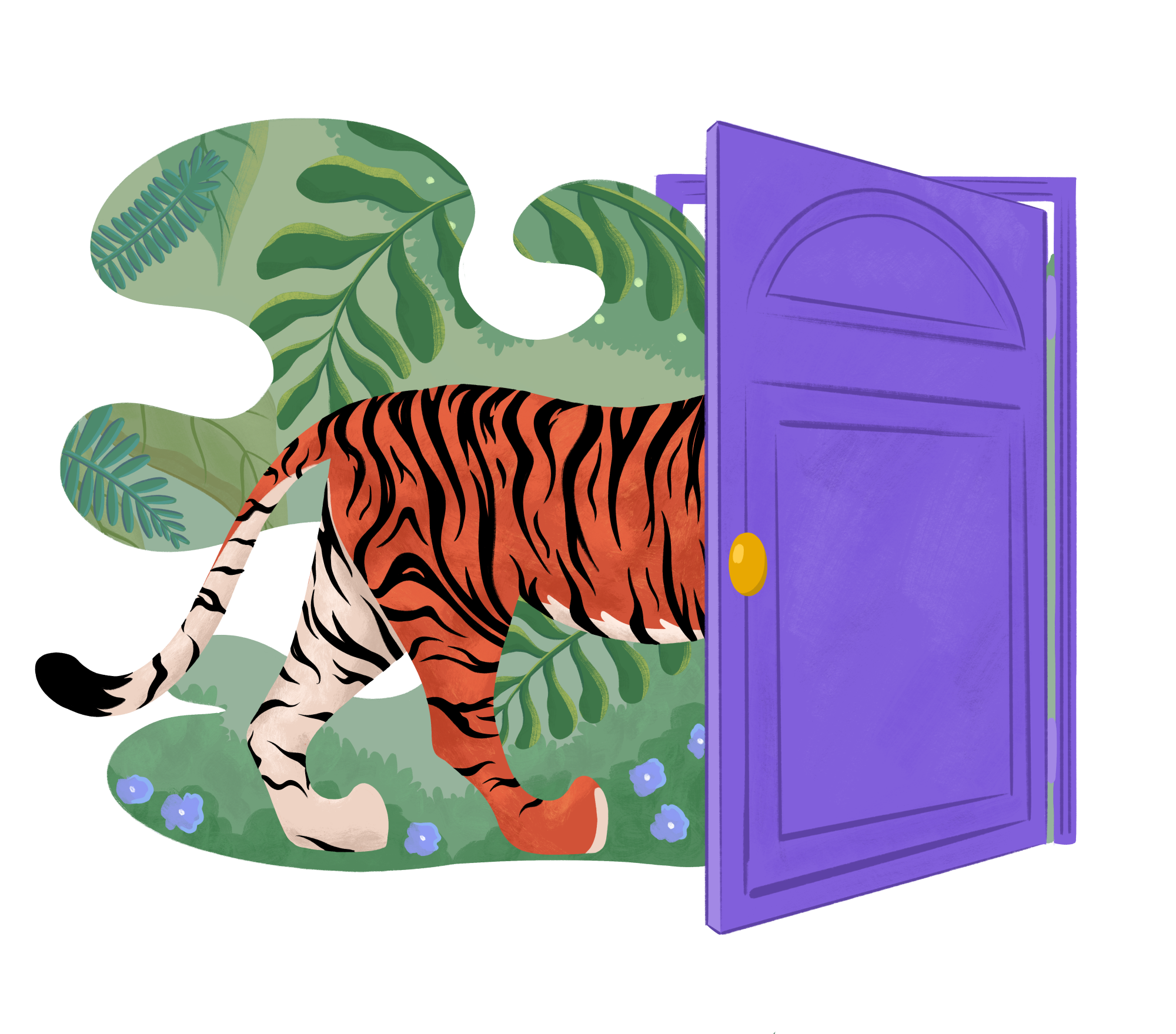 Illustration of a tiger walking into a door 