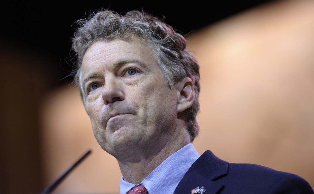 Sen. Rand Paul (R-Ky.), a potential 2016 presidential contender, is shown at a speech early this month. On Wednesday he addressed a crowd of mostly youthful supporters near the campus of UC Berkeley.