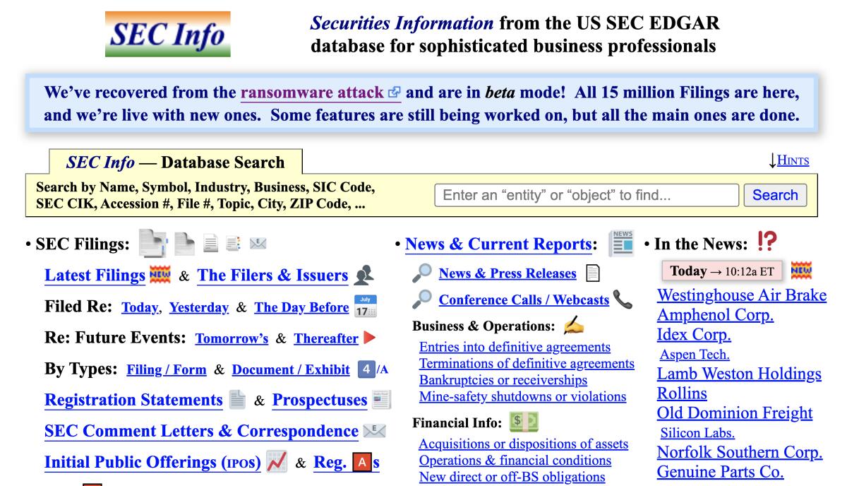A page on the SEC Info site.