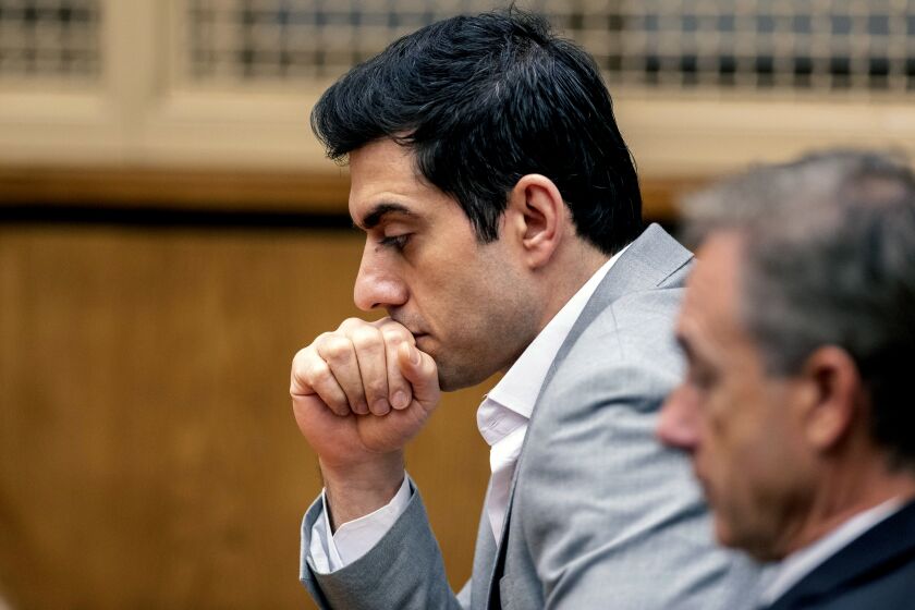 FILE - Hossein Nayeri listens to the judges' instructions before the reading of the verdict in his trial, Aug. 16, 2019, in Newport Beach, Calif. Nayeri, serving a life sentence for kidnapping and mutilating a marijuana dispensary owner was given an additional sentence Friday, March 24, 2023 for masterminding a daring, elaborate escape from a Southern California jail. (Paul Bersebach/The Orange County Register via AP, File)