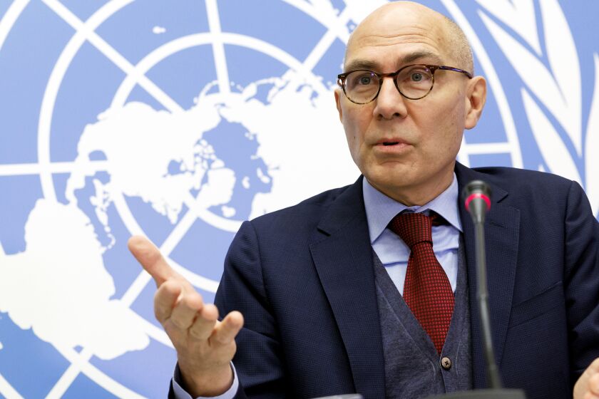 The UN High Commissioner for Human Rights Volker Turk talks to the media during a press conference at the European headquarters of the United Nations in Geneva, Switzerland, Friday, Dec. 9, 2022. (Salvatore Di Nolfi/Keystone via AP)