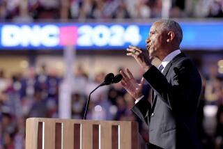 DNC CHICAGO, IL AUGUST 20, 2024 - Former President Barack Obama speaks during the Democratic National Convention Tuesday, Aug. 20, 2024, in Chicago. (Robert Gauthier/Los Angeles Times)