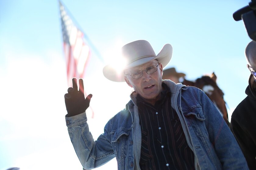 LaVoy Finicum speaks to the media as he and others occupied the Malheur National Wildlife Refuge on Jan. 15 near Burns, Ore.