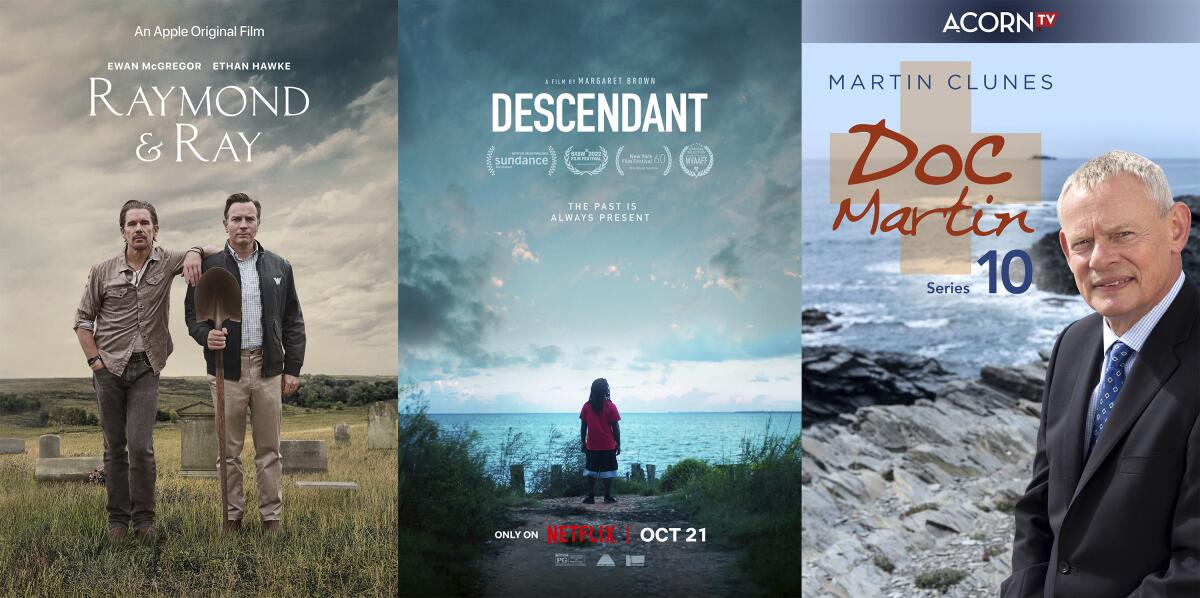 This combination of images shows promotional art for "Raymond & Ray," a film premiering Oct. 21 on Apple TV, "Descendant," a documentary premiering Oct. 21 on Netflix, and "Doc Martin," premiering its 10th and final season Oct. 17 on Acorn TV. (Apple/Netflix/Acorn via AP)