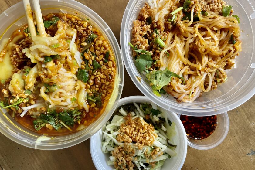 Shan tofu noodles, noodles with no tofu, "sour cabbage salad" and chile oil from Asia Supermarket