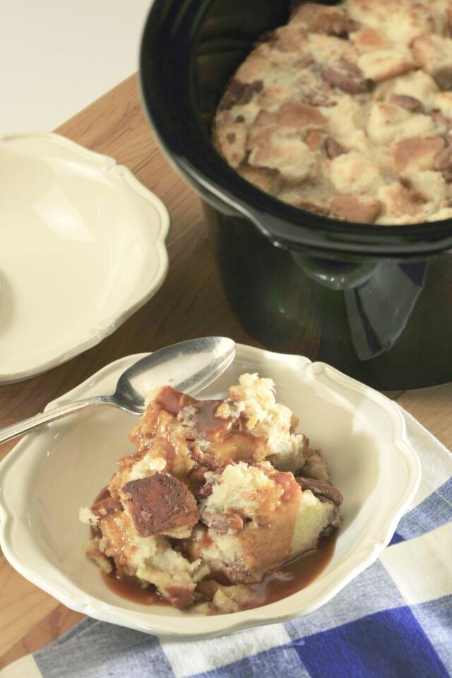 White-chocolate bread pudding with caramel sauce