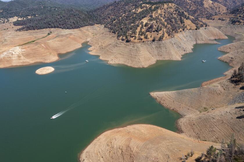 OROVILLE, CA - JUNE 29: Lakebed and shorelines are exposed as a boat skims the water at a receding Lake Oroville, which stands at 33 percent full and 40 percent of historical average when this photograph was taken on Tuesday, June 29, 2021 in Oroville, CA. (Brian van der Brug / Los Angeles Times)