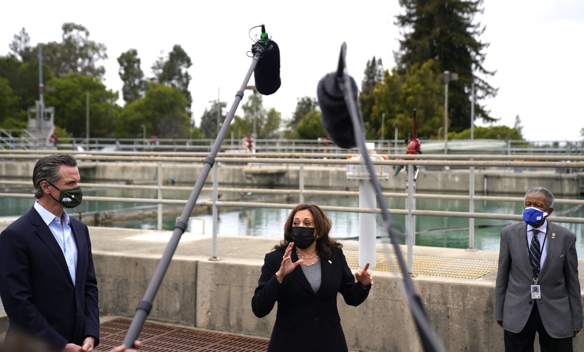Vice President Kamala Harris toured an Oakland water-treatment plant with Gov. Gavin Newsom Monday.