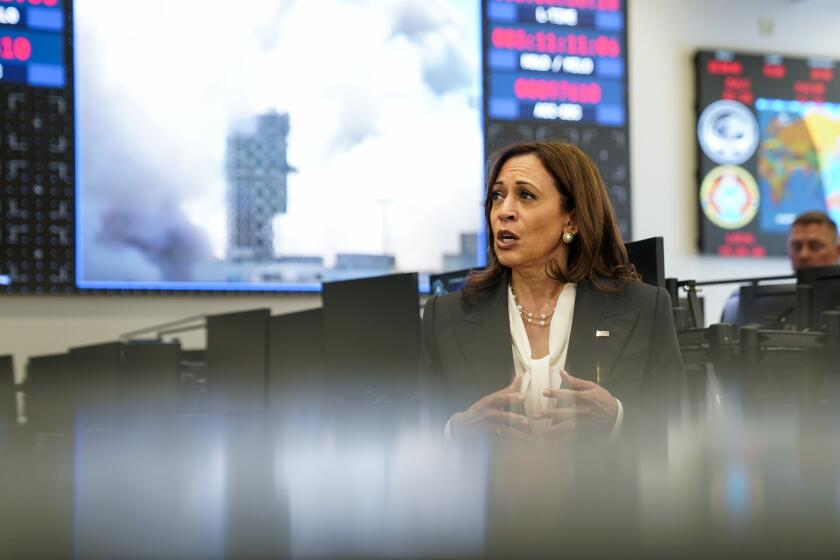 VANDENBERG SPACE FORCE BASE, CA - APRIL 18: Vice President Kamala Harris tours and delivers remarks at Vandenberg Space Force Base in California on April 18, 2022. The Vice President was briefed on the work the U.S. Space Force and U.S. Space Command are doing to advance national security, and met with families at the base. (Kent Nishimura / Los Angeles Times)