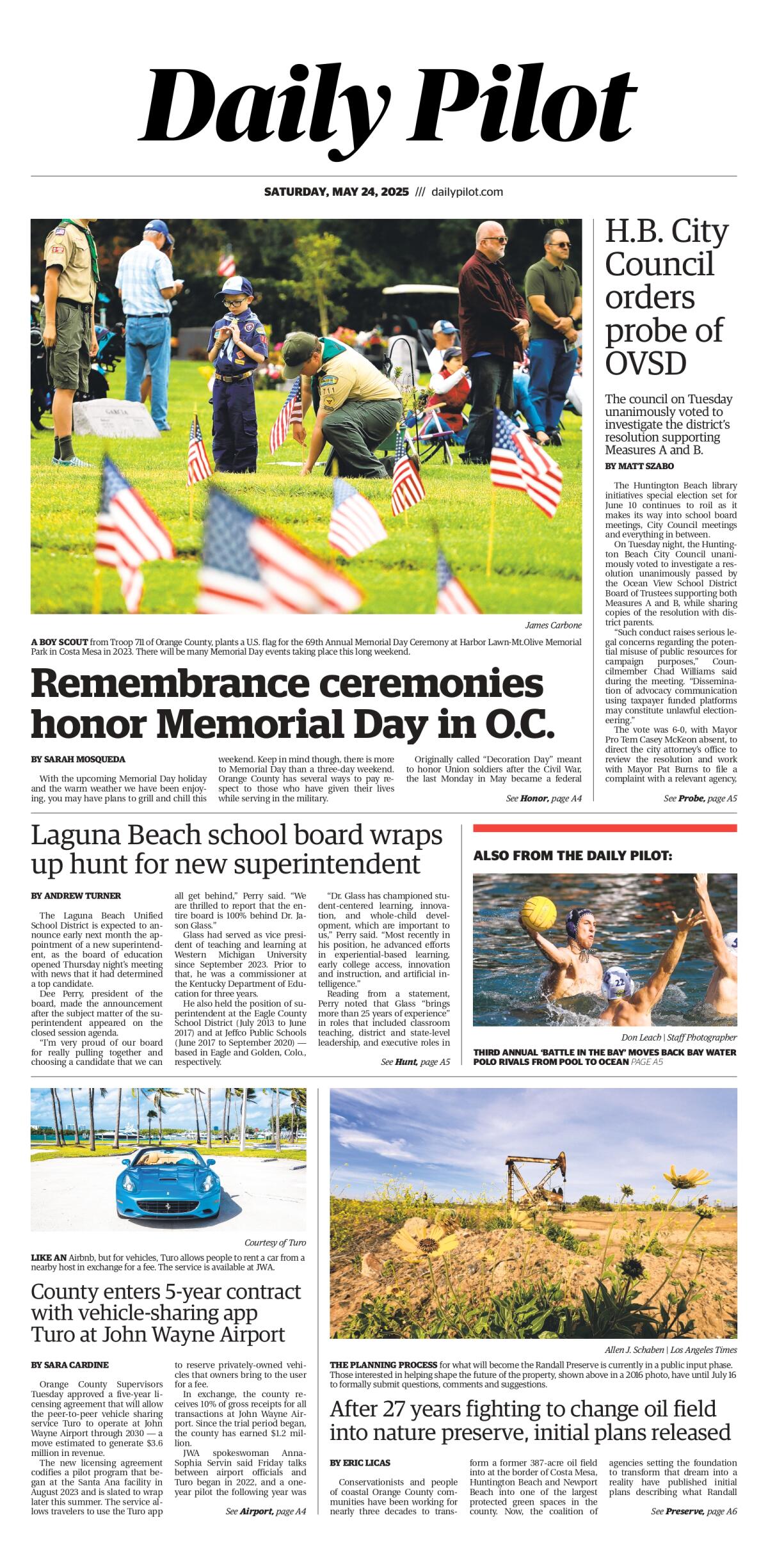 Front page of the Daily Pilot e-newspaper for Saturday, May 24, 2025.