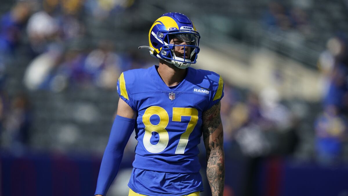 The Rams' Jacob Harris walks onto the field before a road game against the Giants.