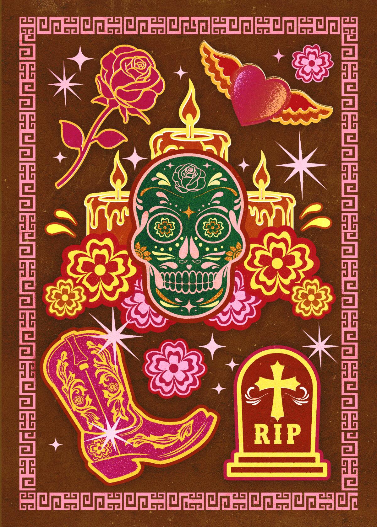 A skull is surrounded by candles, flowers, a tombstone, a boot, a rose and a heart with wings