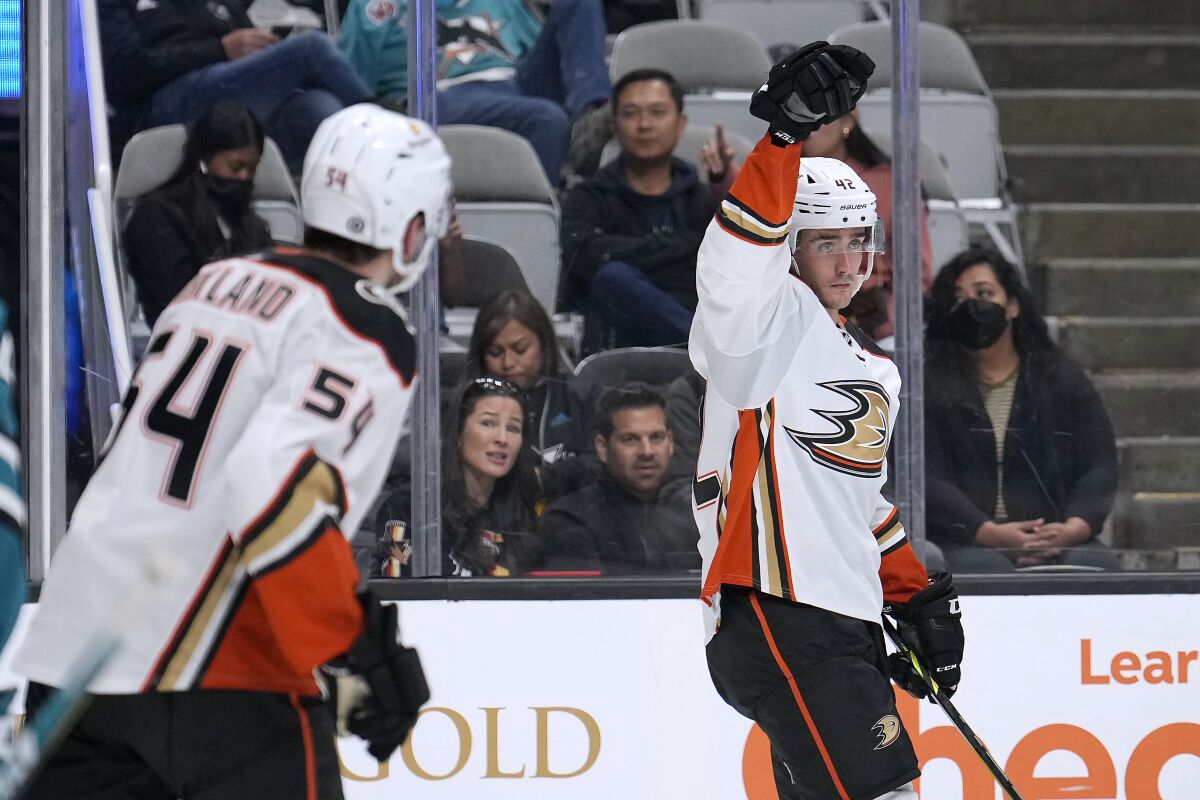 Anaheim Ducks center Glenn Gawdin (42) celebrates after scoring a goal against the San Jose Sharks during the second period of a preseason NHL hockey game in San Jose, Calif., Tuesday, Sept. 27, 2022. (AP Photo/Tony Avelar)