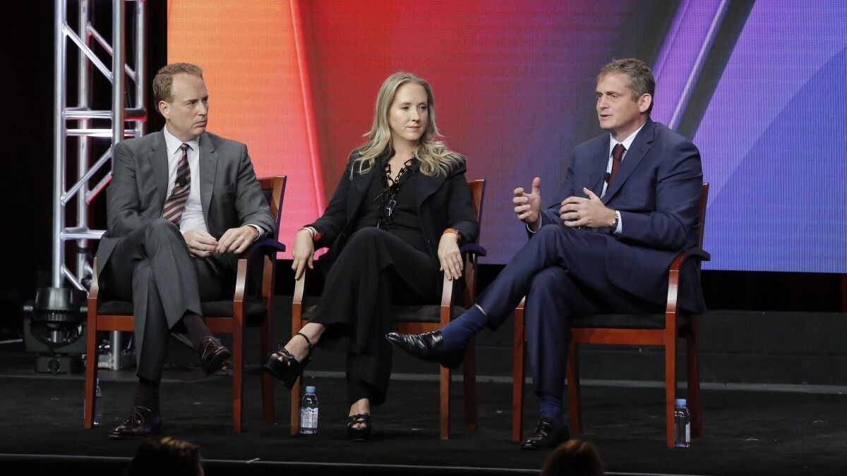 Bob Greenblatt, left, former chairman of NBC Entertainment, Jennifer Salke, former president of NBC Entertainment; and Paul Telegdy, who was named co-chairman of NBC Entertainment on Monday.