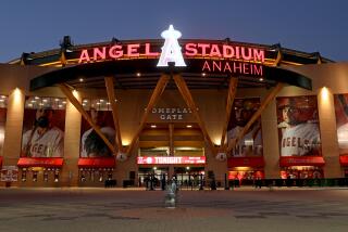 An outside look at Angel Stadium at night