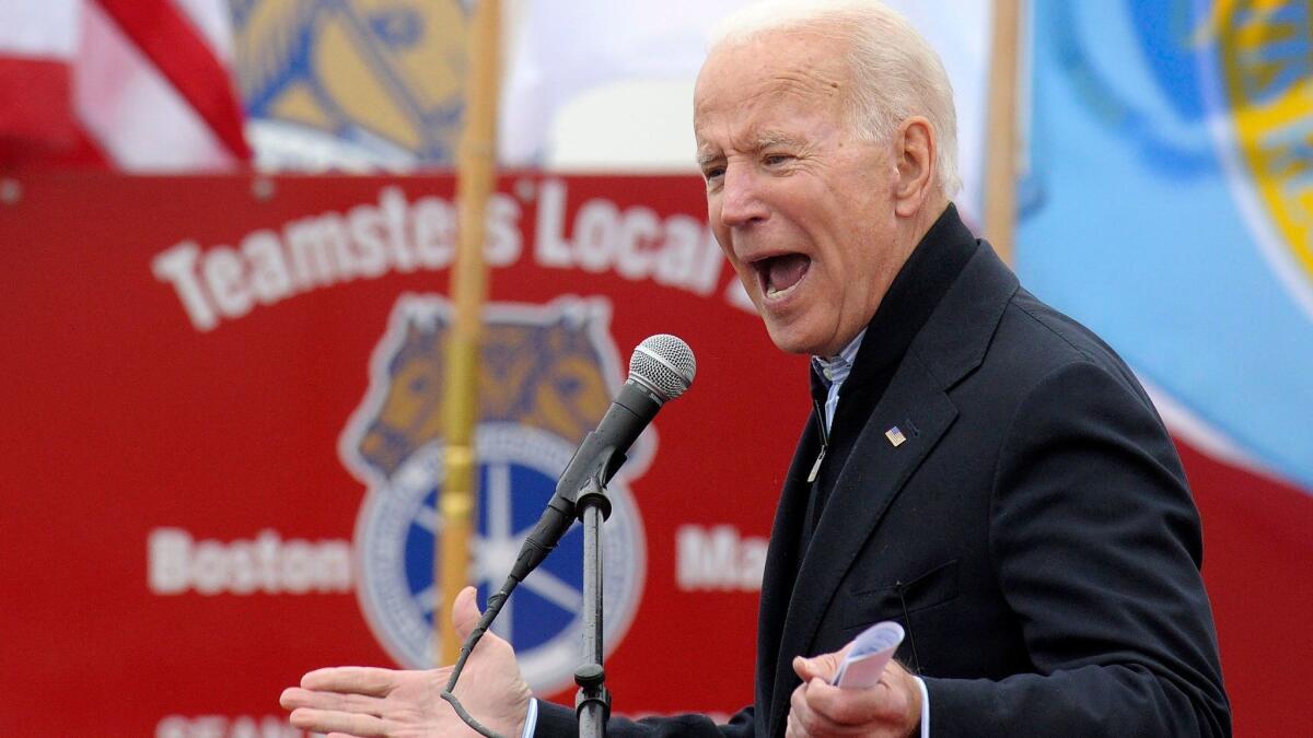 Former Vice President Joe Biden speaks at a rally organized by UFCW Union members in Dorchester, Mass., on April 18.