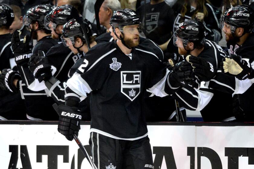 Shown in June, Kings forward Marian Gaborik, who led the NHL playoffs with 14 goals last season, scored twice in a 4-3 shootout victory over the Coyotes on Monday night in a split-squad preseason game at Staples Center.