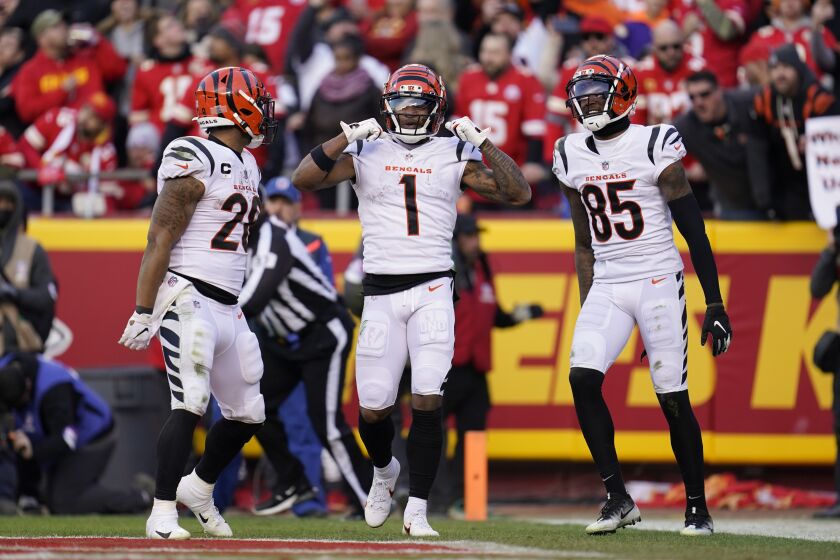 Cincinnati Bengals wide receiver Ja'Marr Chase (1) celebrates with teammates Joe Mixon (28) and Tee Higgins (85) after catching a 2-yard touchdown pass during the second half of the AFC championship NFL football game against the Kansas City Chiefs, Sunday, Jan. 30, 2022, in Kansas City, Mo. (AP Photo/Paul Sancya)