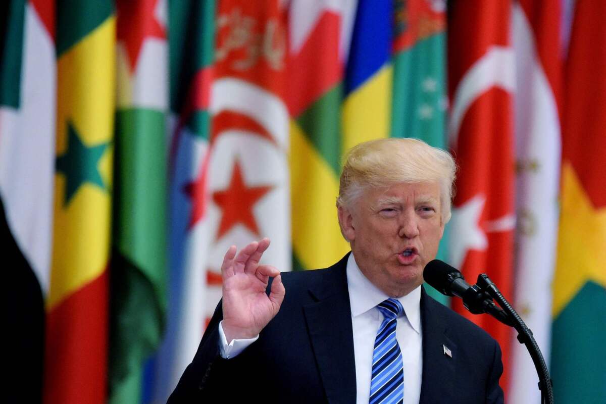President Trump speaks during the Arabic Islamic American Summit at the King Abdulaziz Conference Center in Riyadh, Saudi Arabia, on Sunday.