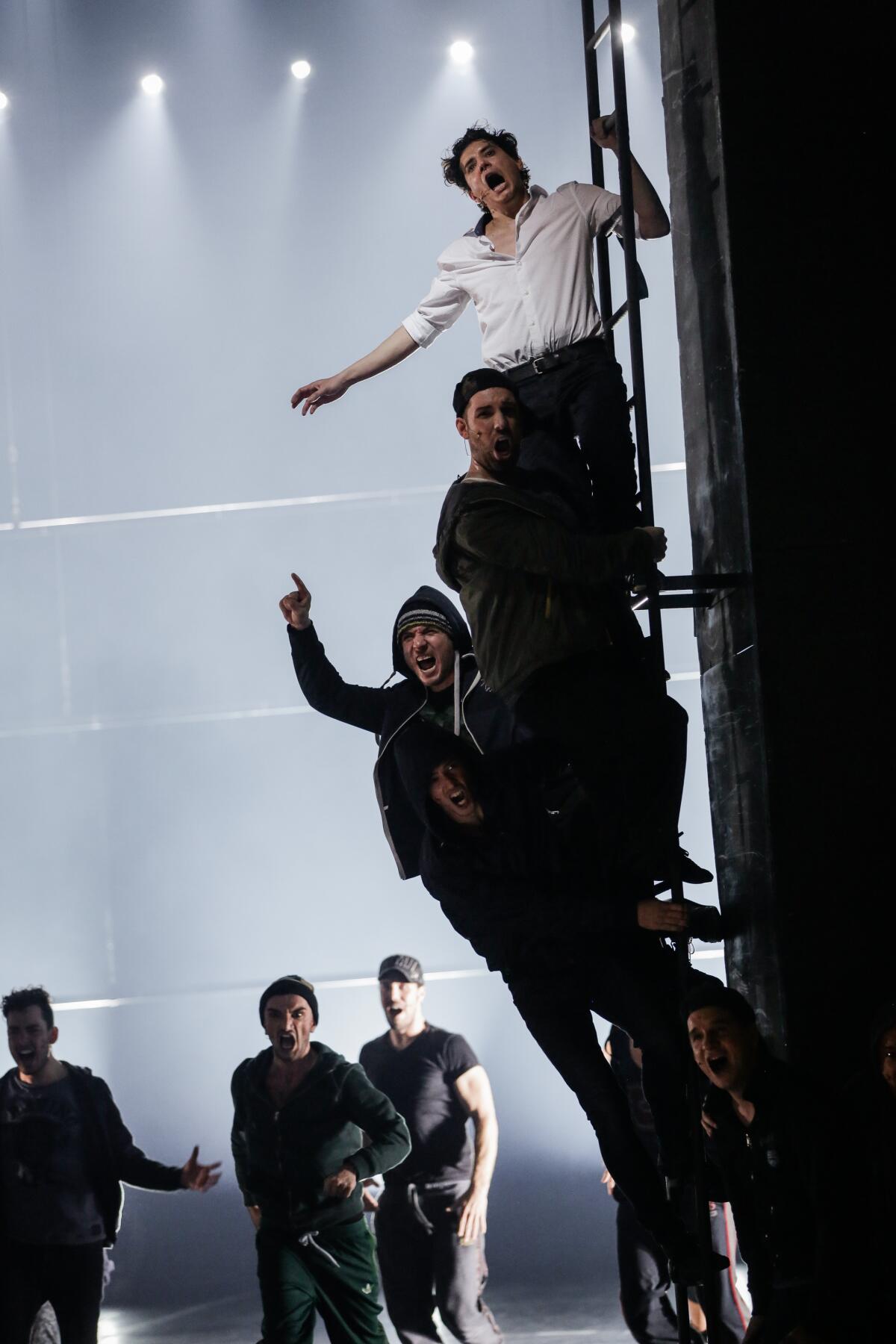 Group scene with Tansel Akzeybek (white shirt) during rehearsals for 'West Side Story' at Komische Oper Berlin