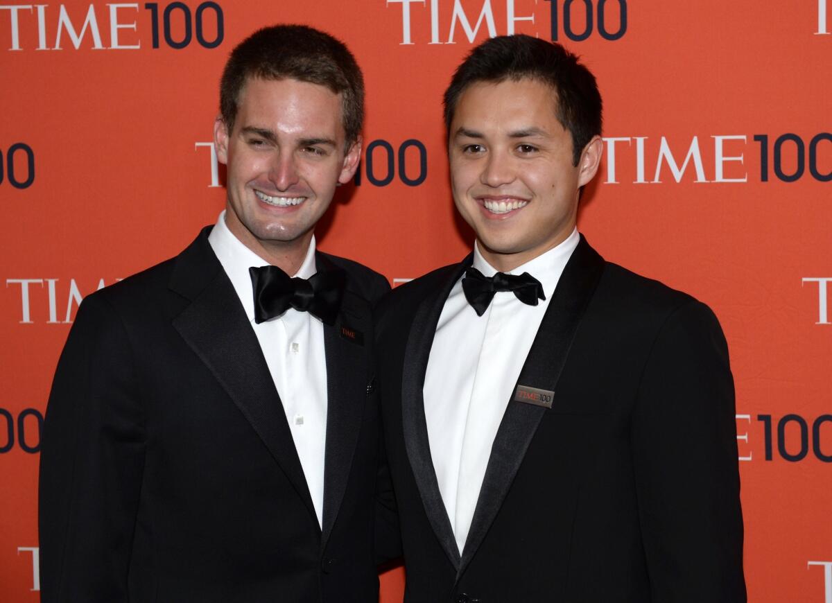 Snapchat co-founders Evan Spiegel, left, and Bobby Murphy have largely built their company in Los Angeles, but little of the capital they used along the way came from Southern California.