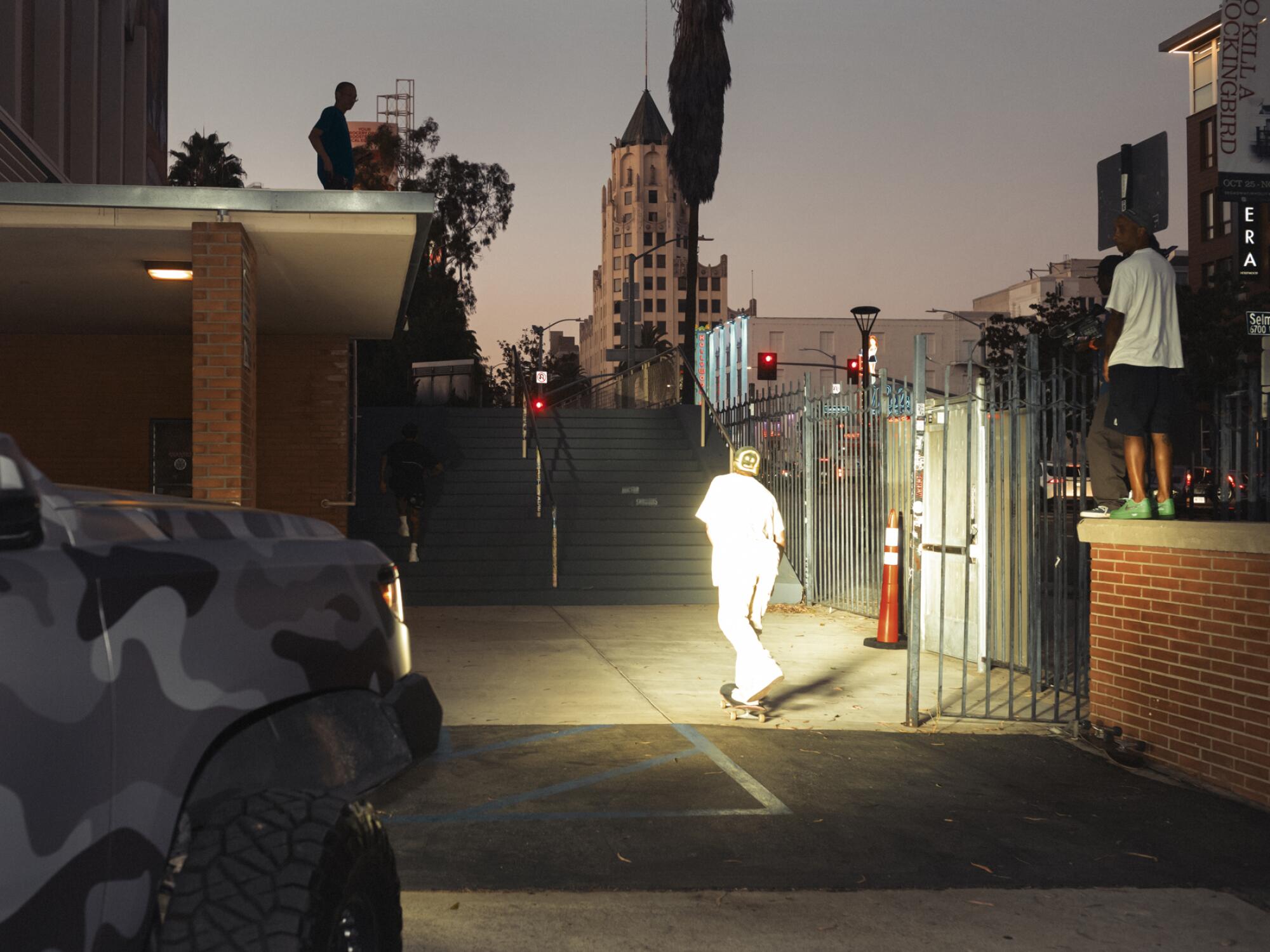 Domo Walker skates up to the staircase.