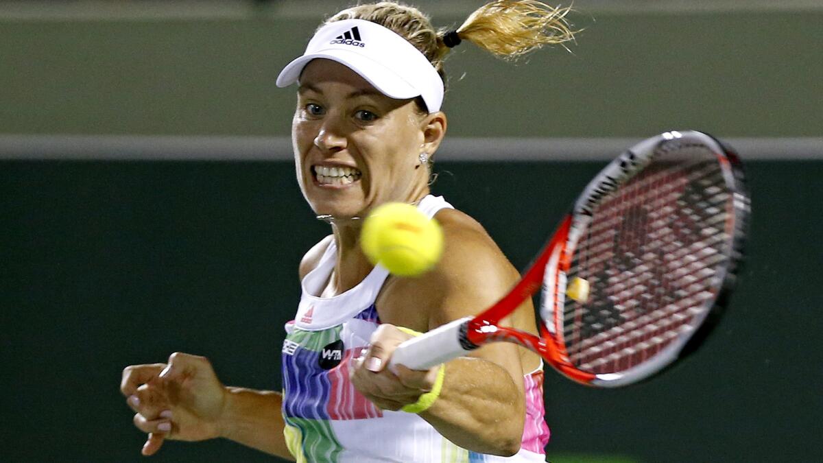 Angelique Kerber, shown during the Miami Open last week, advanced to the quarterfinals of the Volvo Car Open on Thursday.