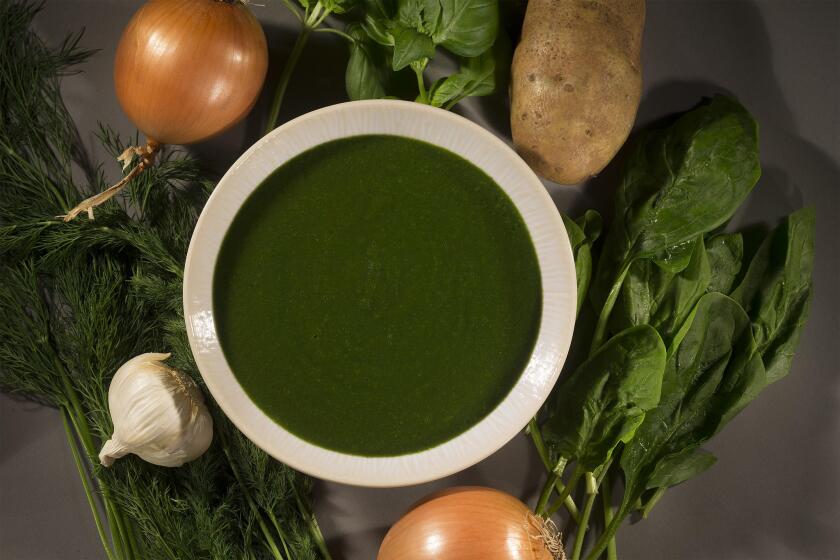 The spinach soup with basil and dill is on the menu for vegan Passover.