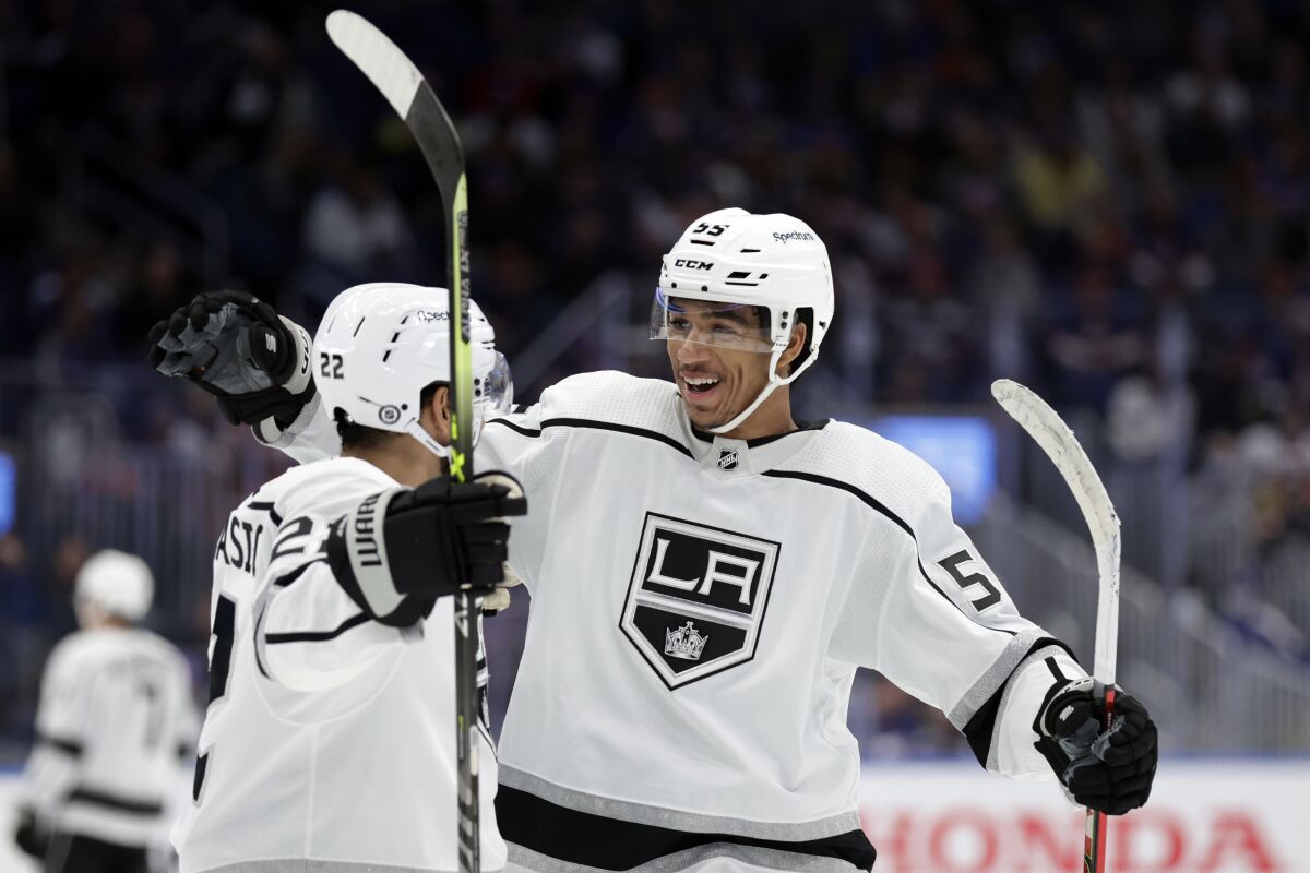 Kings center Quinton Byfield reacts after scoring a goal against the New York Islanders.