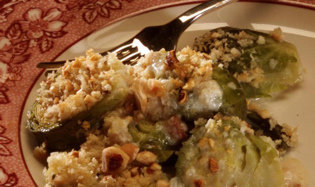 Creamed Brussels sprouts with hazelnut crumbs