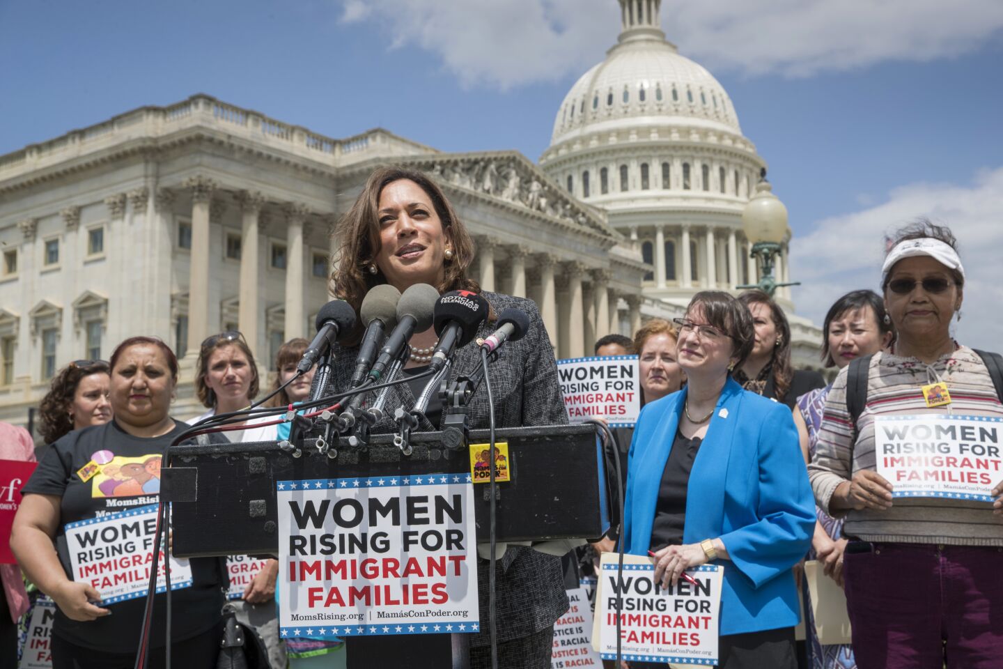May 23, 2018: Sen. Kamala Harris joins a women's advocacy group, MomsRising, at the Capitol.