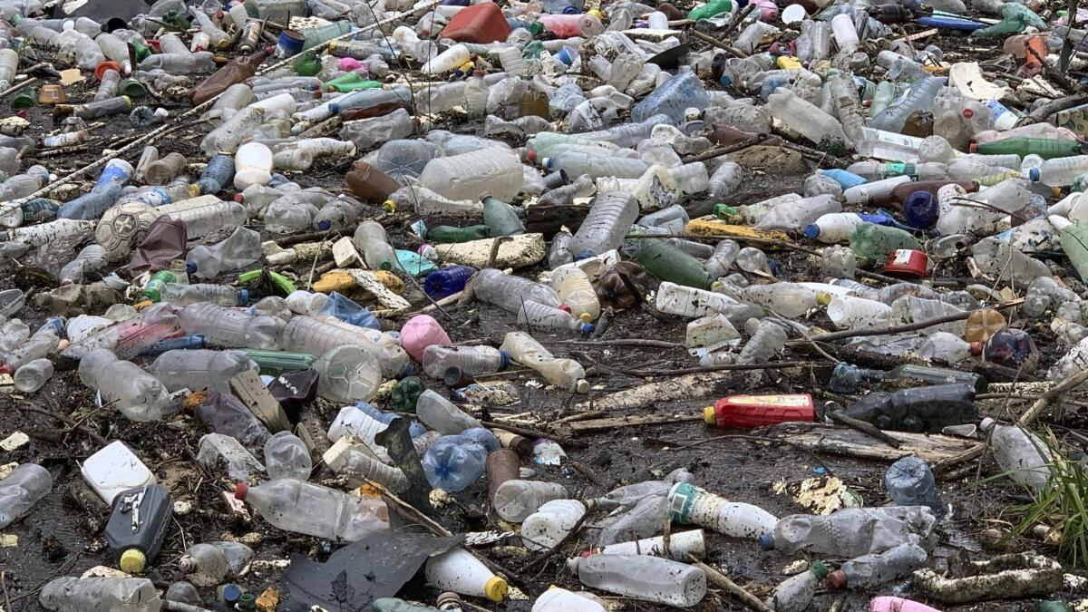 Plastic bottles and other garbage float in the river Drina in Bosnia-Herzegovina. Crackdowns on plastic trash may reduce global demand for petrochemicals.