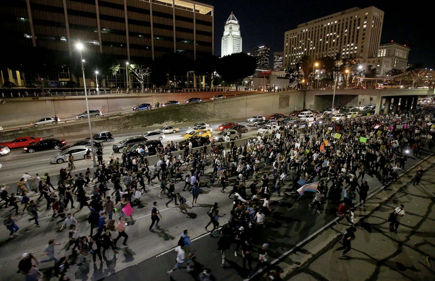 Anti-Trump protesters march on the 101 Freeway near downtown Los Angeles on Nov. 9.