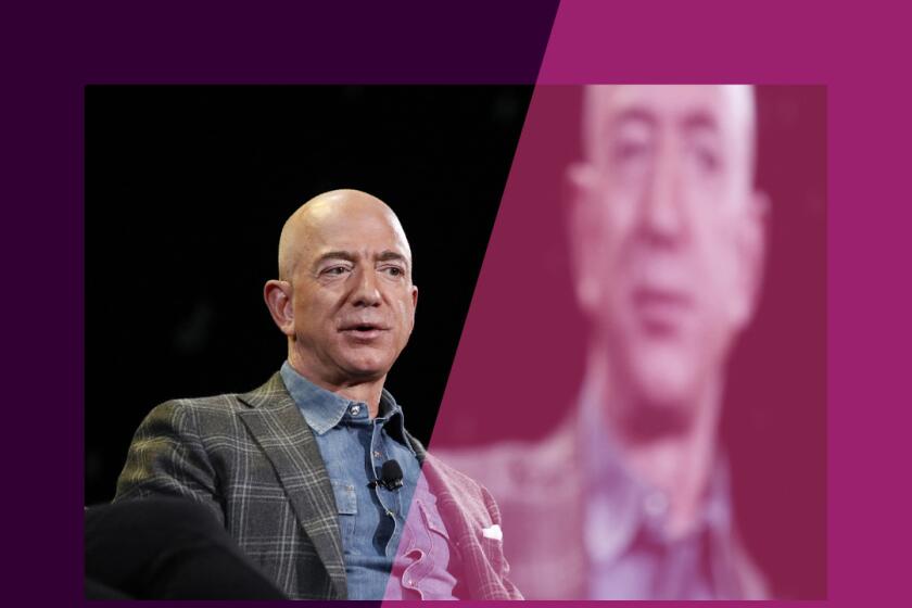Amazon CEO Jeff Bezos speaks at a convention.