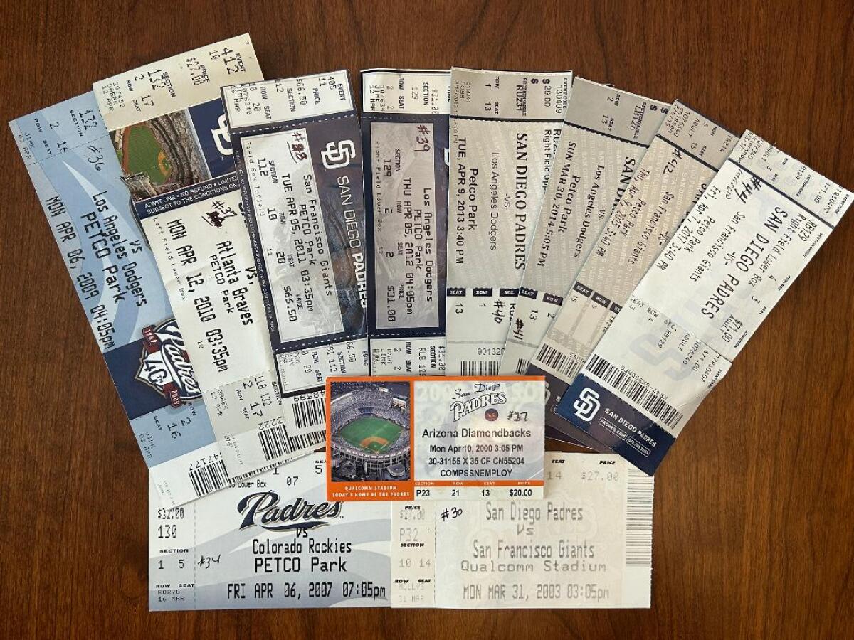 A variety of Padres opening day ticket stubs used by Vic Salazar that date from 2000 to 2017.