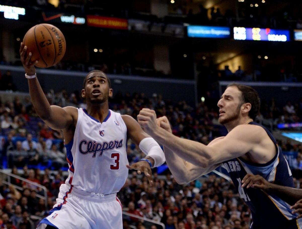 Clippers guard Chris Paul is fouled by Memphis' Kosta Koufos.