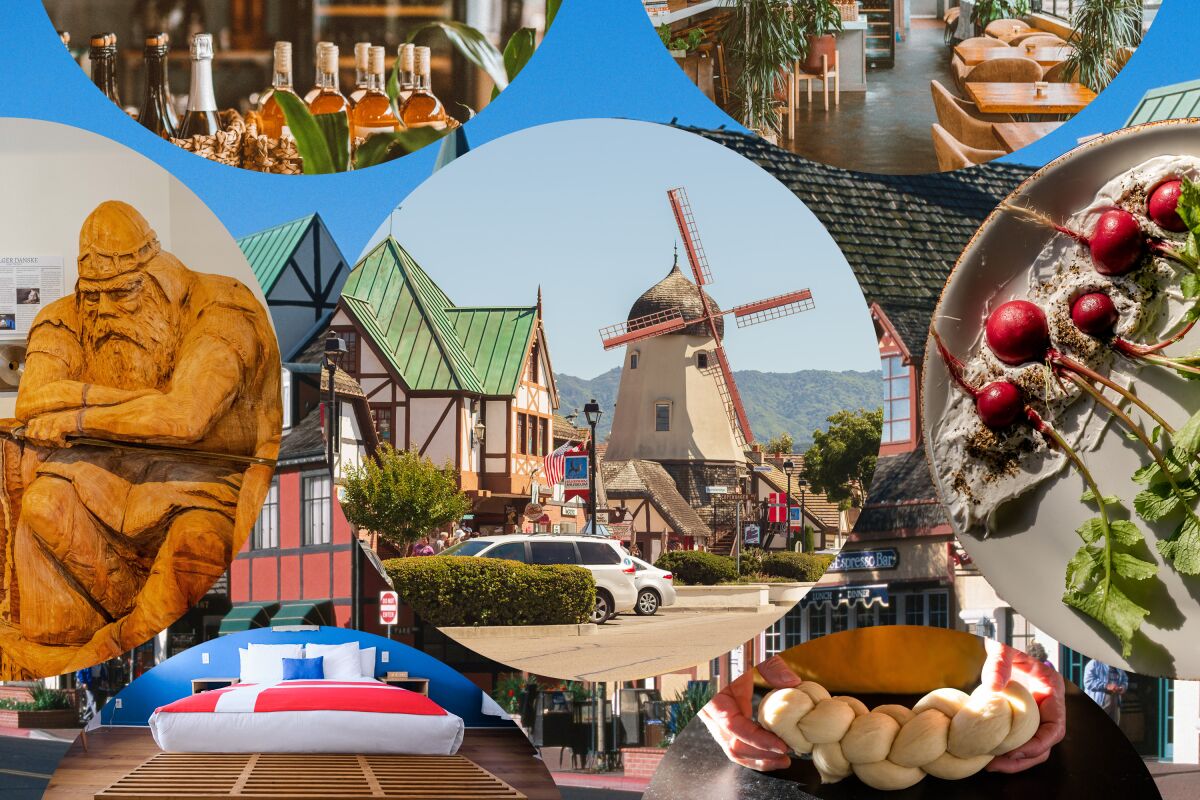 collage of photos of Solvang, CA with a windmill in the center