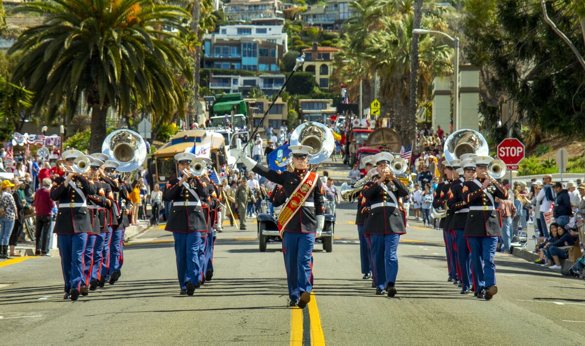 The 3rd Marine Aircraft Wing band marches down Park Avenue during the Laguna Beach Patriots Day Parade in March 2020.