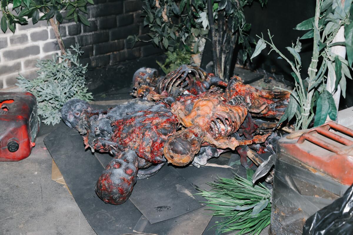 Charred bodies as depicted in a haunted maze themed to "The Last of Us" at Universal Studios Hollywood.