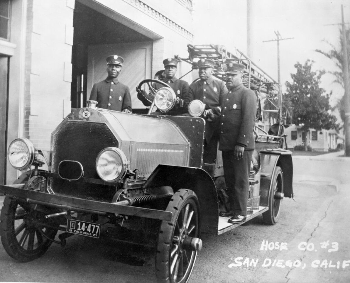 San Diego firefighters Sandy Baker, Tim Williams, Jim Cross and Joe Smith in Logan Heights, circa 1927.