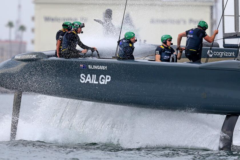 LOS ANGELES, CA - JULY 23: Australia in the Oracle Los Angeles Sail Grand Prix at the Port of Los Angeles on Sunday, July 23, 2023 in Los Angeles, CA. Spain has made history in Los Angeles, beating Season 3 champions Australia and ROCKWOOL Denmark to claim its first ever event win. SailGP is an international sailing competition that features high-performance F50 foiling catamarans, where teams compete across a season of multiple grands prix around the world. (Gary Coronado / Los Angeles Times)